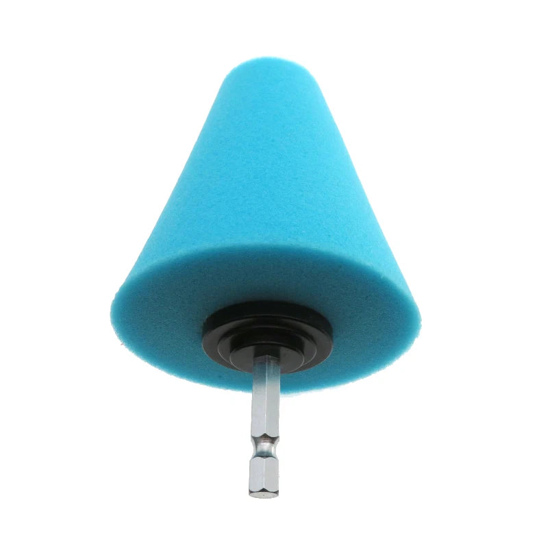 A bright blue conical sponge polishing cone with a metal tip for automotive detailing.