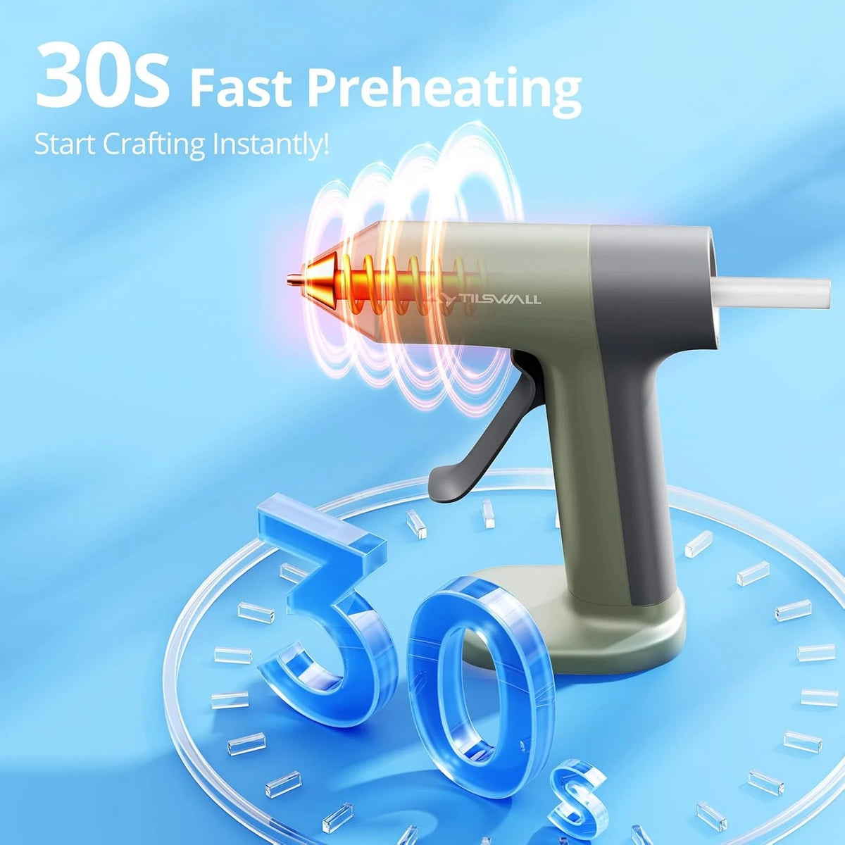 A cordless hot glue gun is shown with a glowing preheating effect, set against a blue background and a circular graphic displ