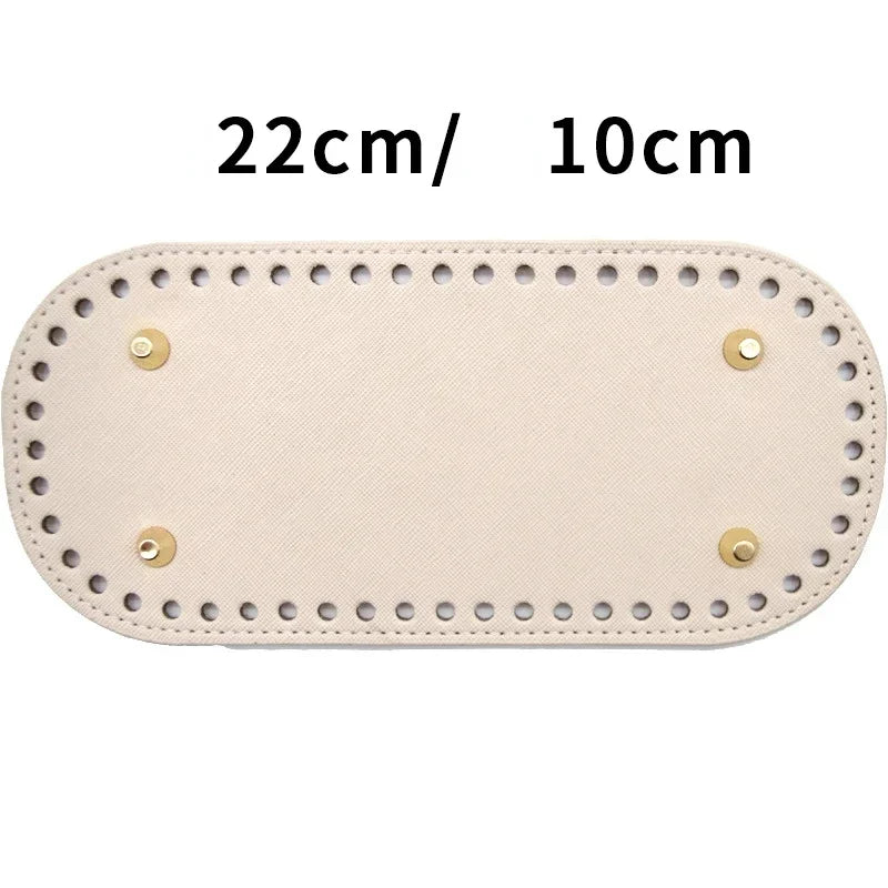 Light beige oval PU leather bag bottom for DIY crochet and knitted bags, measuring 22cm by 10cm.