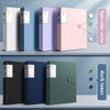 A collection of A4 expanding file organizers in various pastel and dark tones displayed on a shelf.