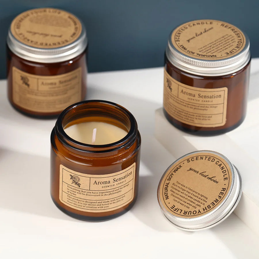 Hand-Poured Soy Wax Aromatherapy Candle in Amber Glass Jar