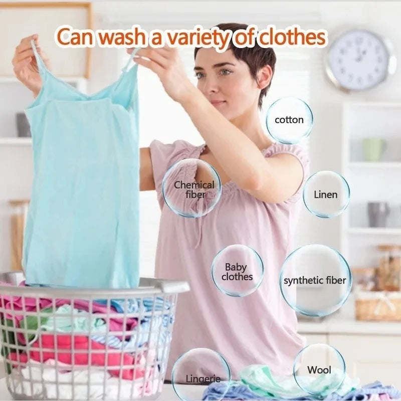 A woman demonstrates washing various types of clothing, including cotton, linen, synthetic fiber, baby clothes, lingerie, and
