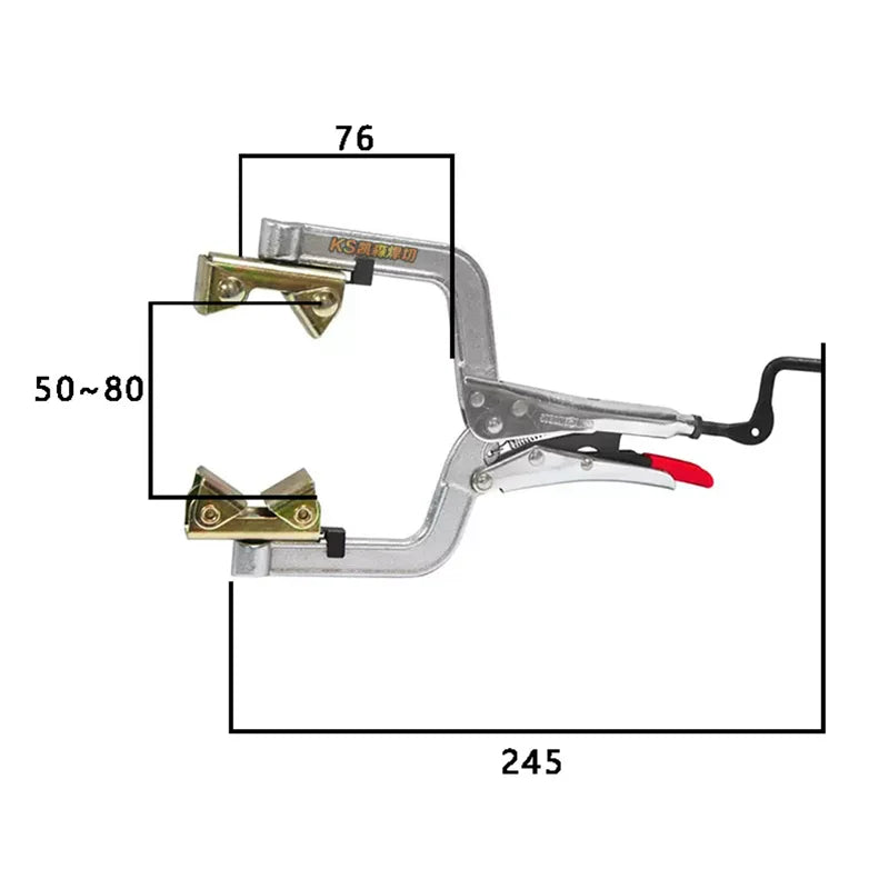 A pair of heavy-duty welding pipe clamp pliers with a silver handle and jaws, shown with dimension lines.