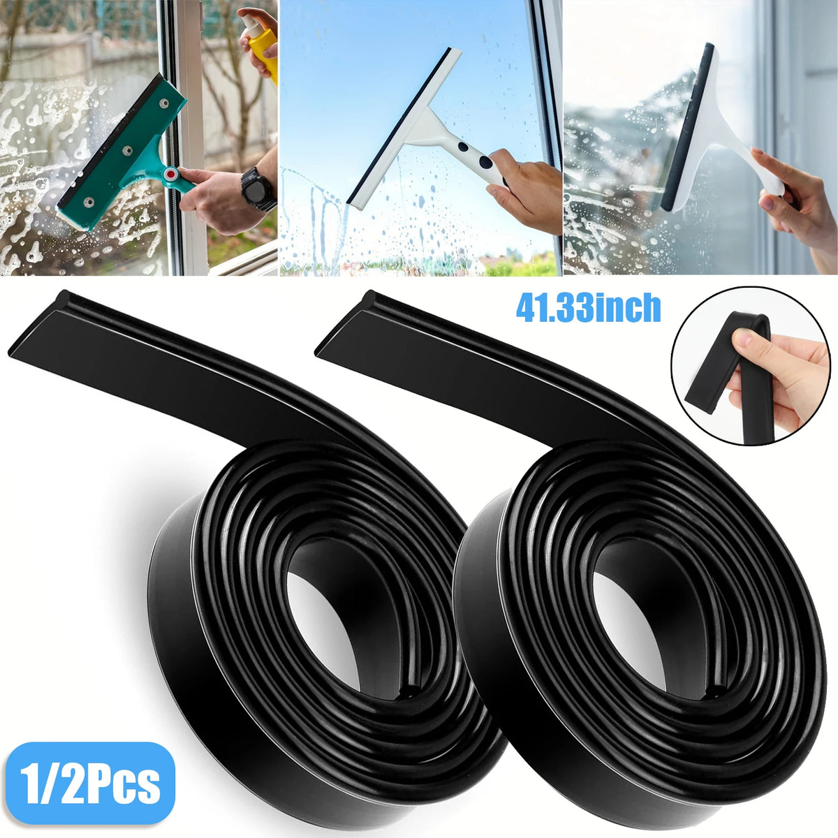 Two black squeegee replacement rubber blades are shown, with close-ups of the blades and a pair of hands using them on glass.