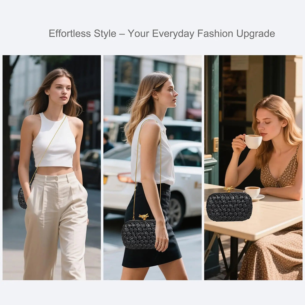 A woman models a white top and beige trousers while carrying a black woven clutch bag.