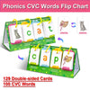 A green flip chart displaying phonics CVC words on double-sided cards for English learning.