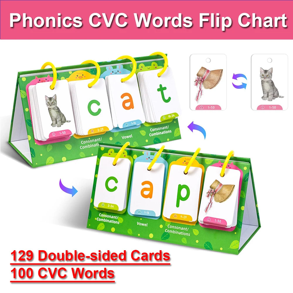 A green flip chart displaying phonics CVC words on double-sided cards for English learning.