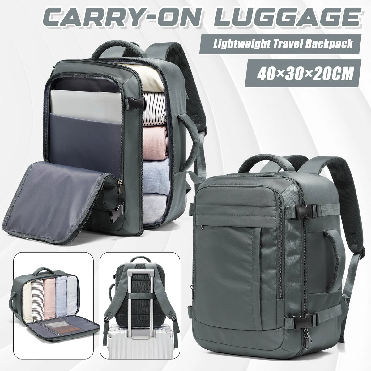 A gray carry-on luggage lightweight travel backpack shown with an open view and accessory details.
