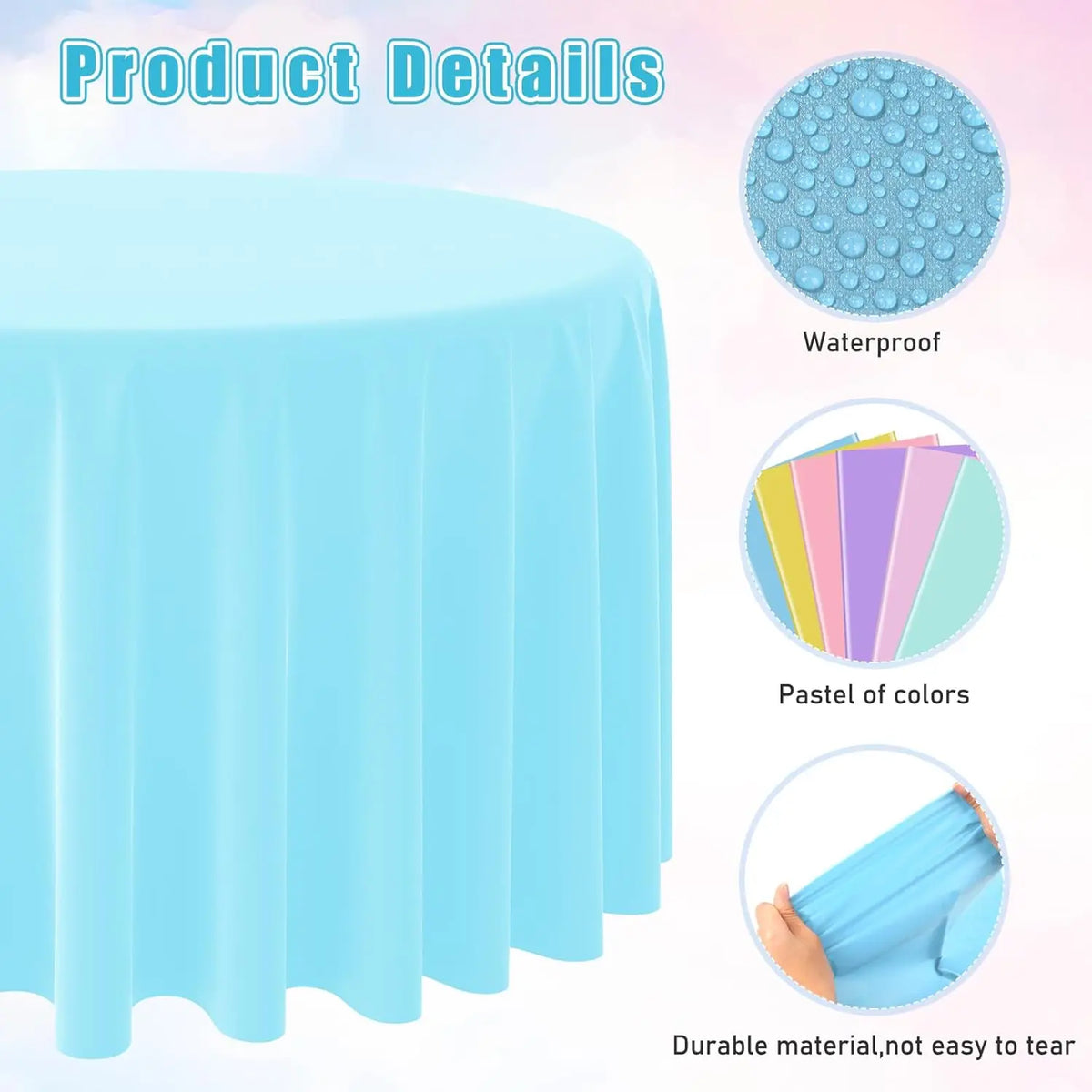 Light blue waterproof disposable round tablecloth with a pastel color palette and durable material