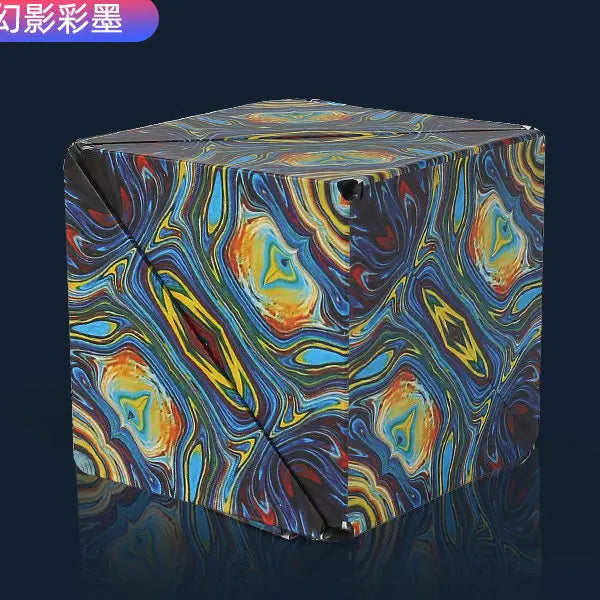 A cube with a swirling, iridescent pattern is shown on a dark surface.