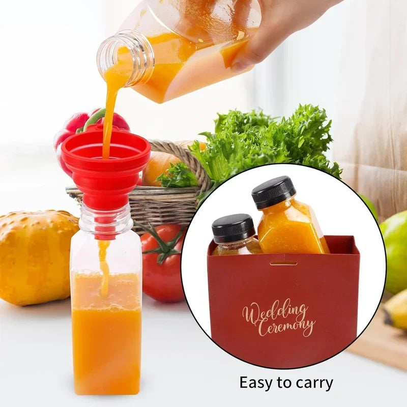 A hand pours orange juice from a plastic bottle into a glass, demonstrating the easy to carry feature of reusable juice bottl