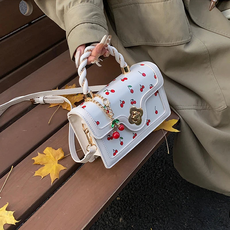 Cherry Print Crossbody Bag with Top Handle