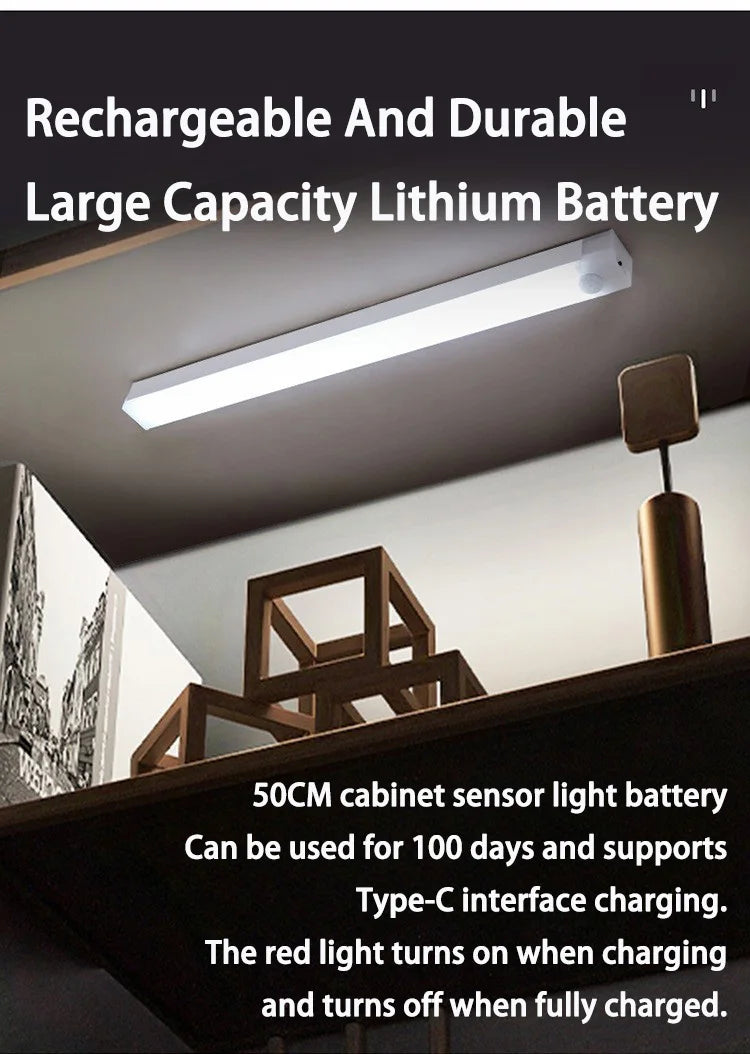 A long white LED light bar is mounted on a cabinet, illustrating a rechargeable and durable lithium battery product.