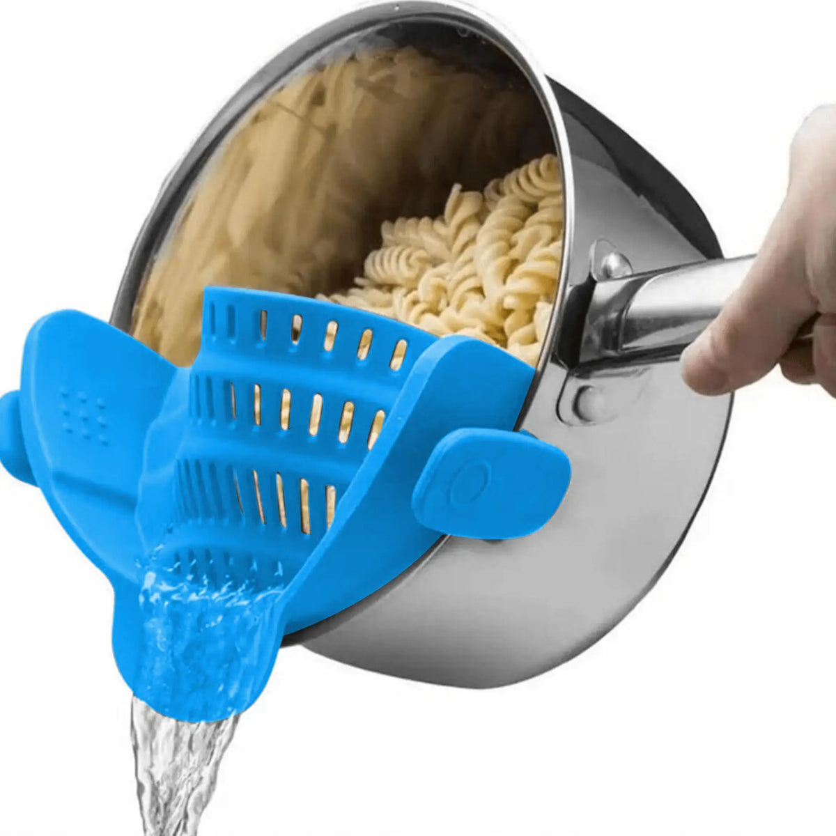 A hand pours water through a blue clip-on strainer attached to a metal pot, filtering noodles.