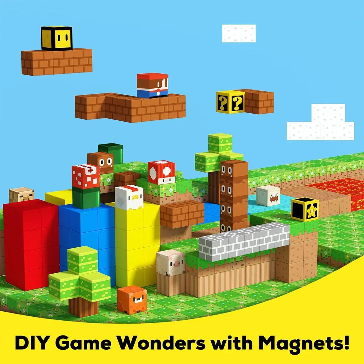 A colorful set of wooden magnetic building blocks and structures for DIY game creation.