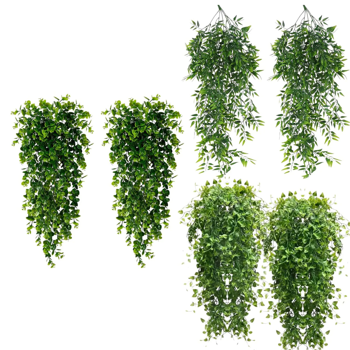 Multiple arrangements of artificial green hanging vines used for indoor and outdoor decor.