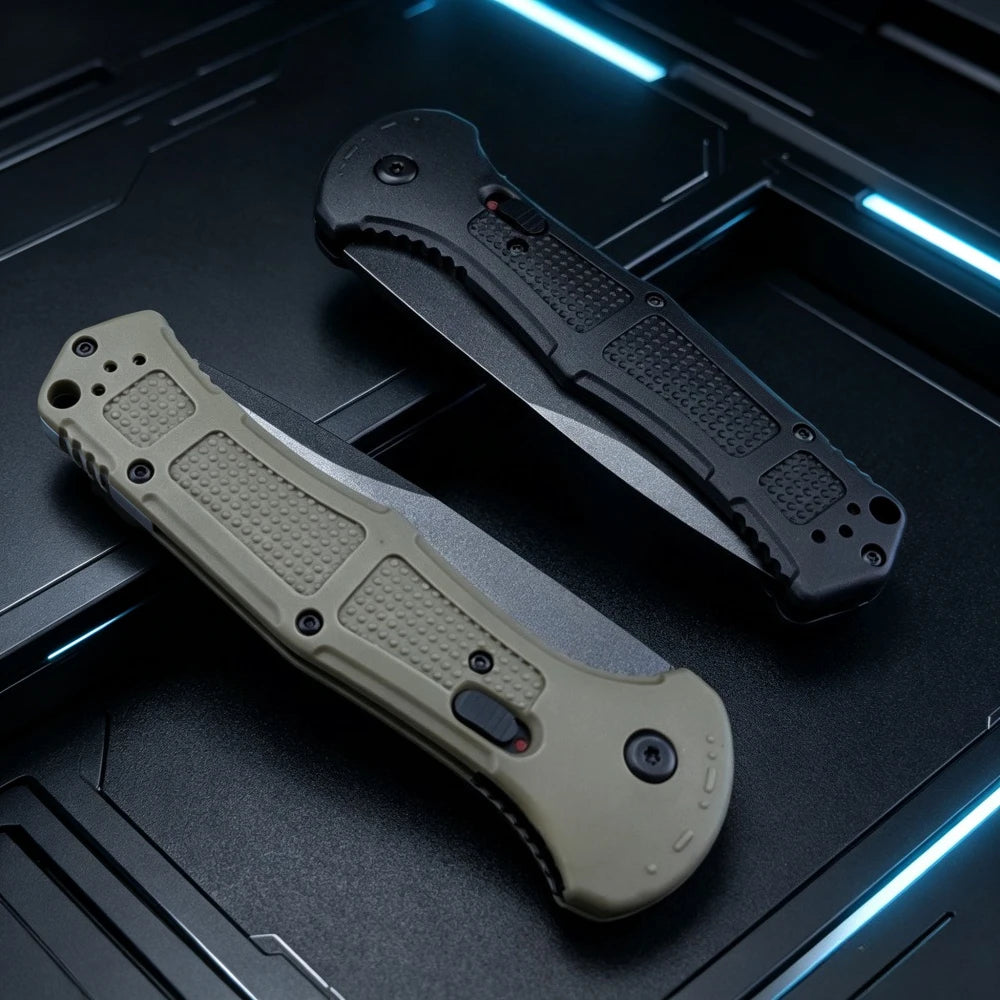 A folding pocket knife with a light green handle and black blade is displayed on a dark surface.