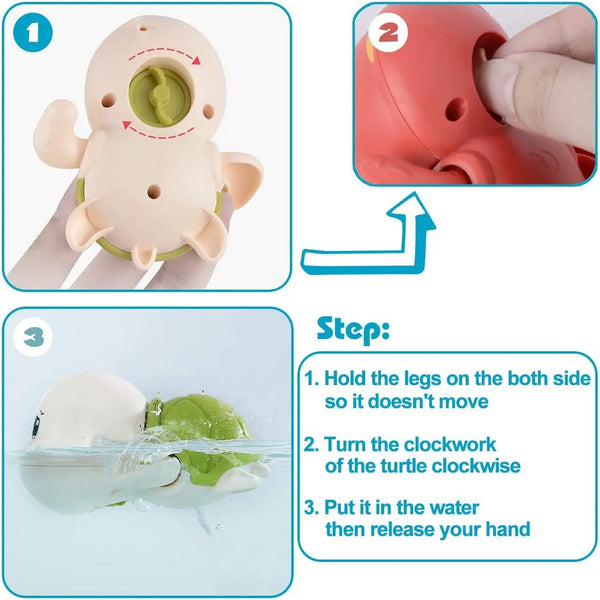 A set of three wind-up swimming turtle bath toys, showing assembly and instructions for use in water.