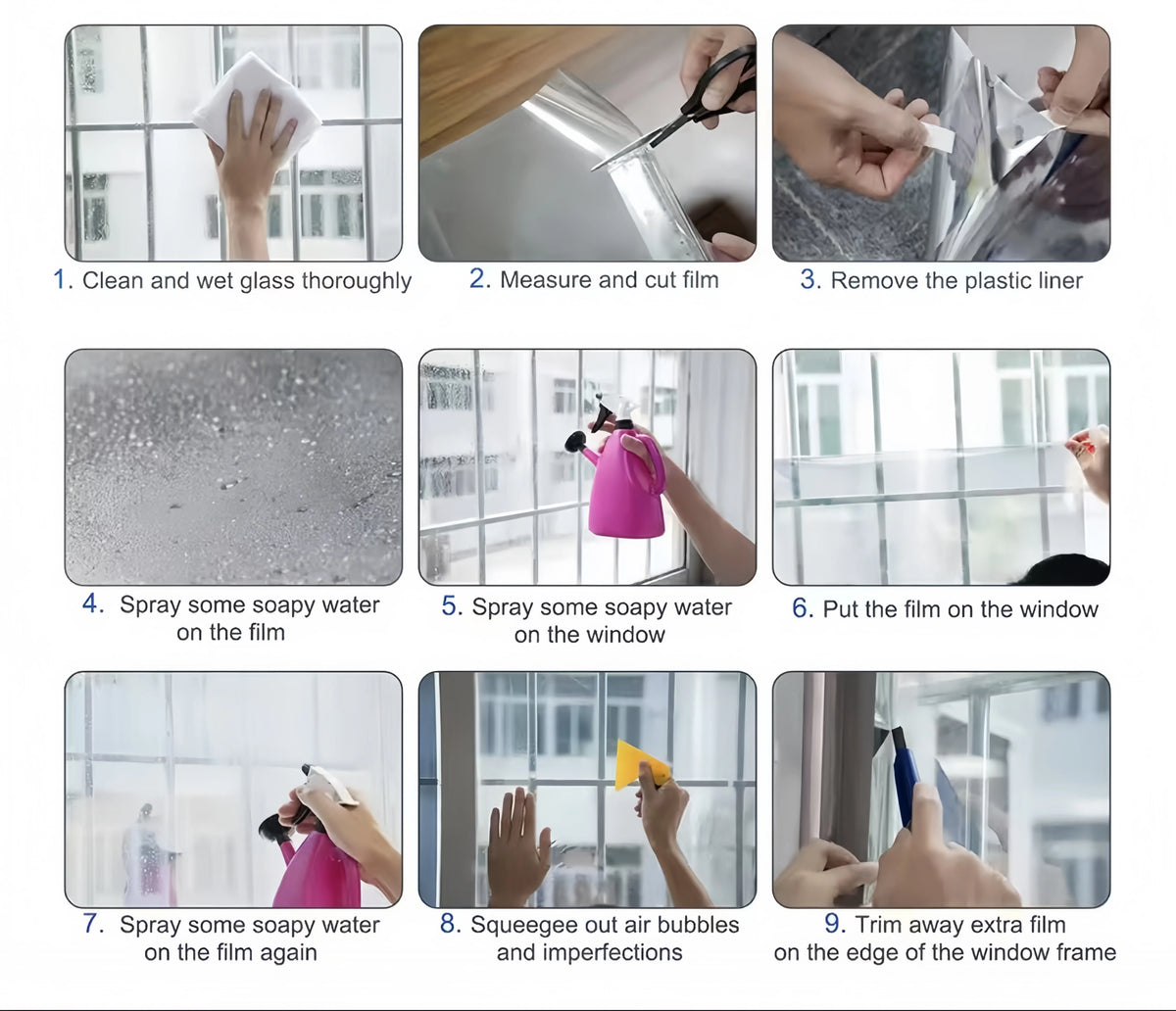 A nine-step process showing how to clean, measure, cut, and apply blackout privacy window film onto a glass surface.