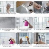 A nine-step process showing how to clean, measure, cut, and apply privacy window film onto a glass surface.