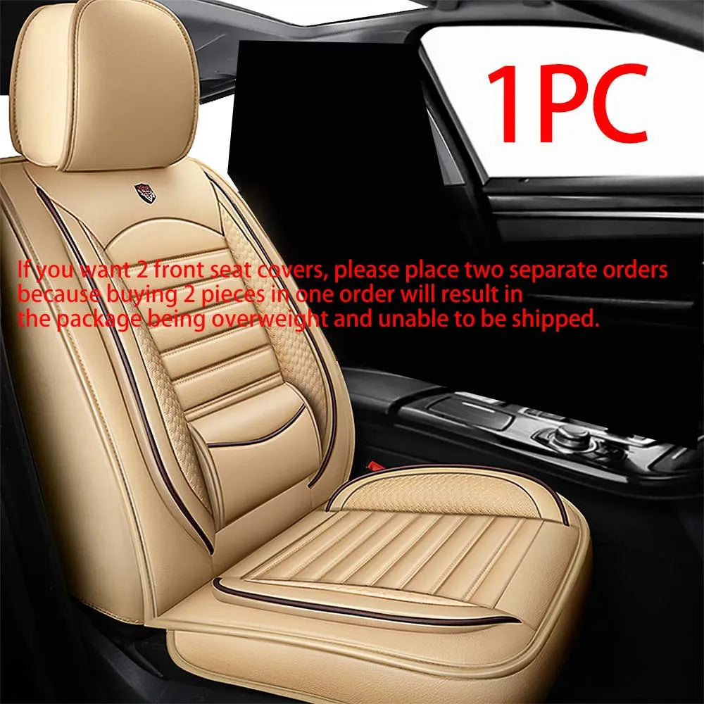 One piece of beige leather car seat cover installed in a vehicle interior.