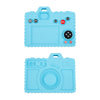 A light blue silicone baby teether toy shaped like a remote control with various buttons and features.