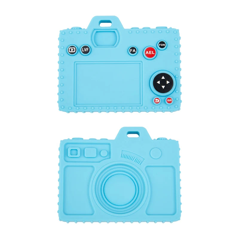 A light blue silicone baby teether toy shaped like a remote control with various buttons and features.