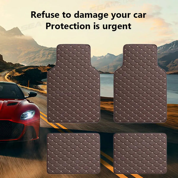 Four brown PU leather car floor mats shown against a scenic mountain road backdrop.
