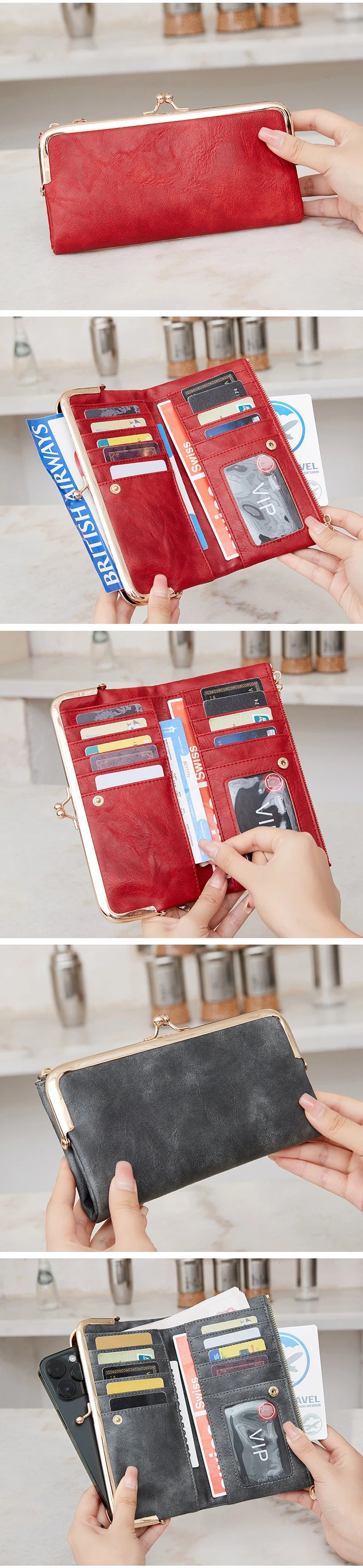 A close-up of a vintage red leather wallet with gold accents and various cards being held by hands.