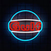 A glowing neon sign shaped like a truck emblem with the word Gulf in red and white on a dark background.