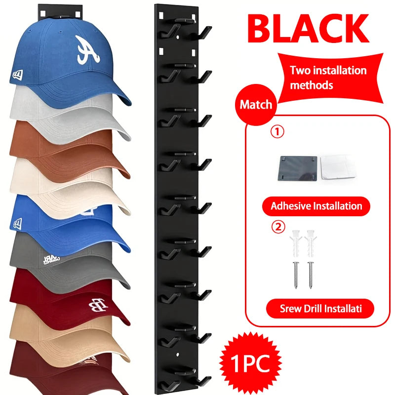 Wall-Mounted Baseball Cap Organizer for Up to 9 Hats