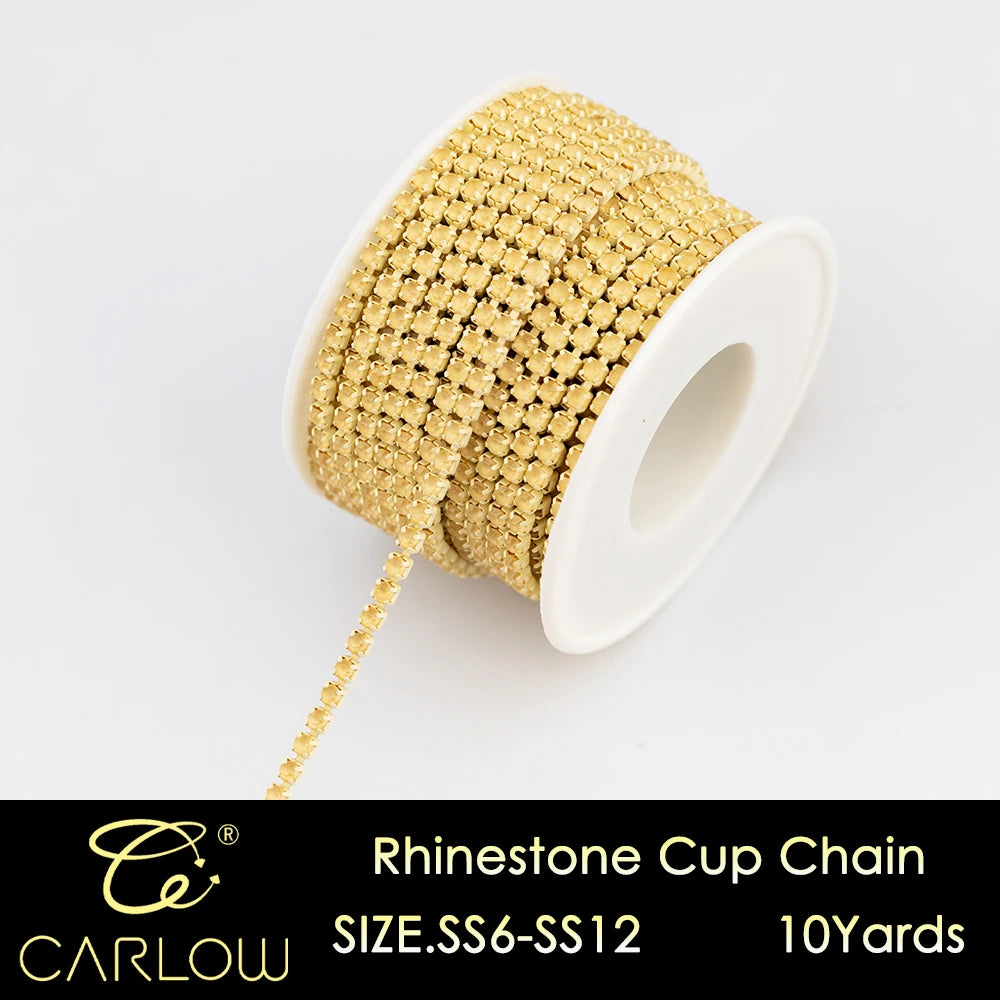 A spool of gold rhinestone cup chain, 10 yards long, for DIY clothing decoration.