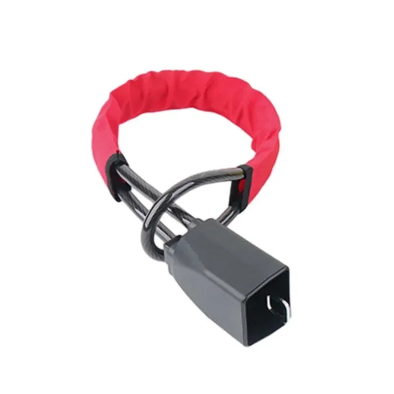 Red universal car steering wheel lock with a black housing and seatbelt anti-theft mechanism