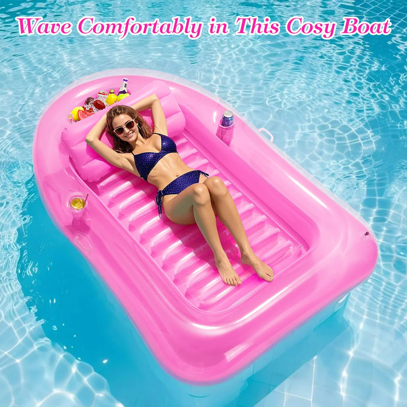 Inflatable Tanning Pool Lounger with Ice Bar & Cup Holders