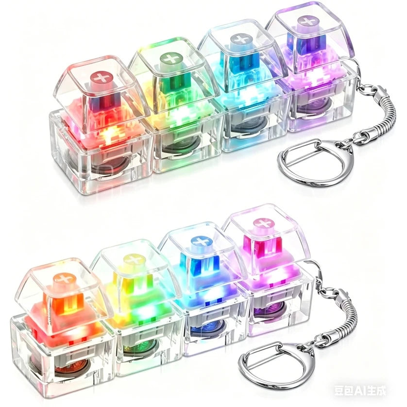 A set of colorful LED macaron keyboard fidget toys packaged as a keychain.