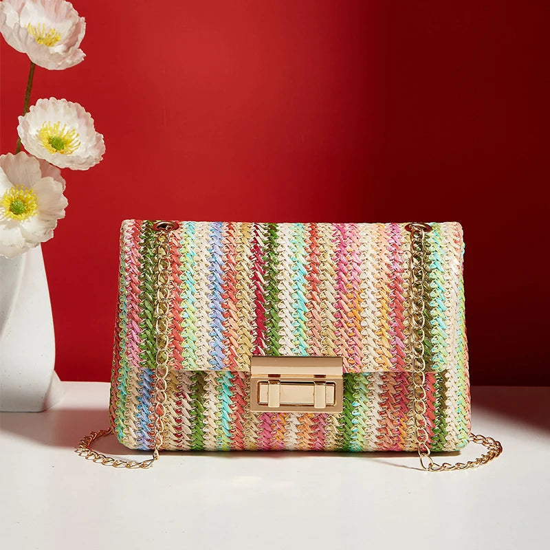 Bohemian Woven Crossbody Bag with Chain Strap