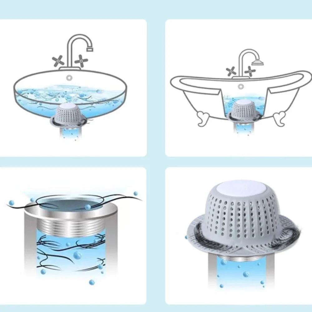 Collapsible silicone drain hair catcher for bathtubs and sinks shown in various installation contexts.
