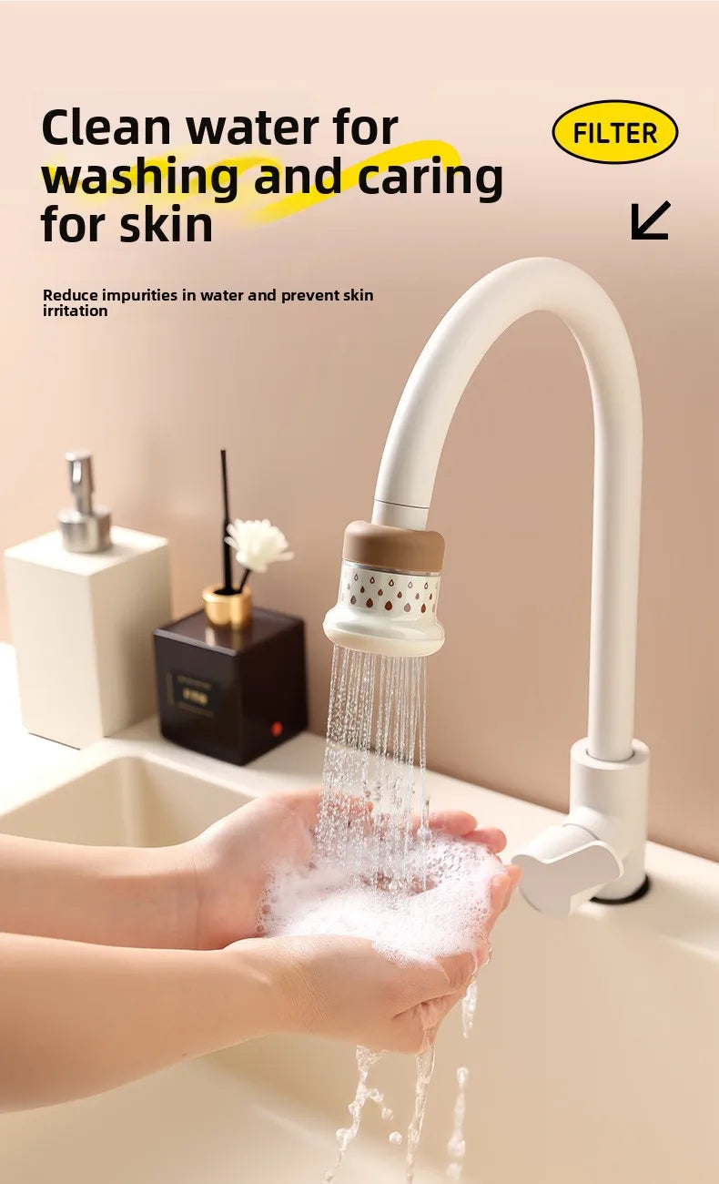 A hand is using a white kitchen faucet sprayer with a filter to dispense clean water for washing and caring for skin.