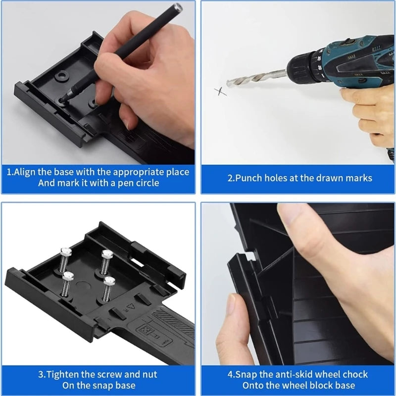 Step-by-step instructions showing how to use heavy-duty rubber wheel chocks with a non-slip grip