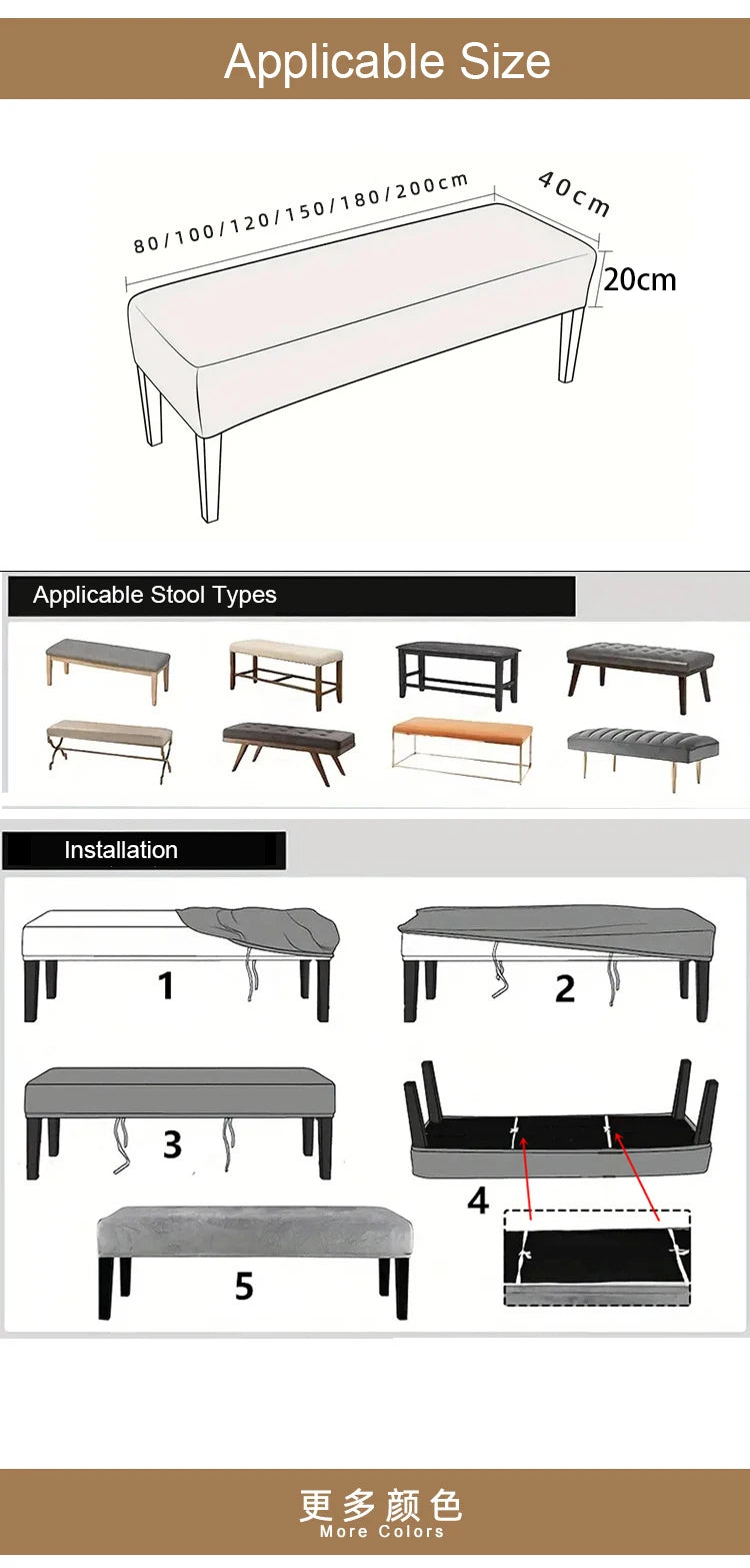 Diagrams showing the applicable size, various stool types, and installation steps for a waterproof PU stretch bench cover.