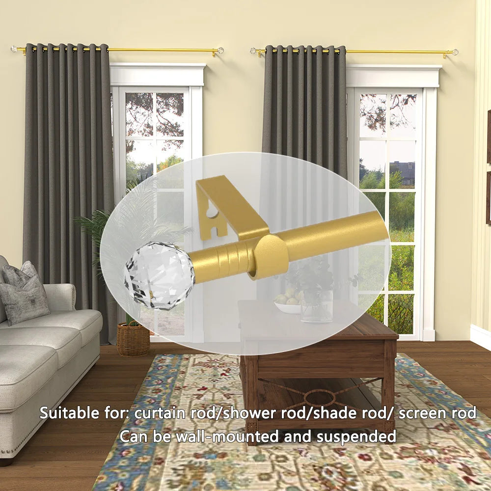 A gold crystal accent curtain rod is shown in a living room setting, suitable for mounting and suspending.