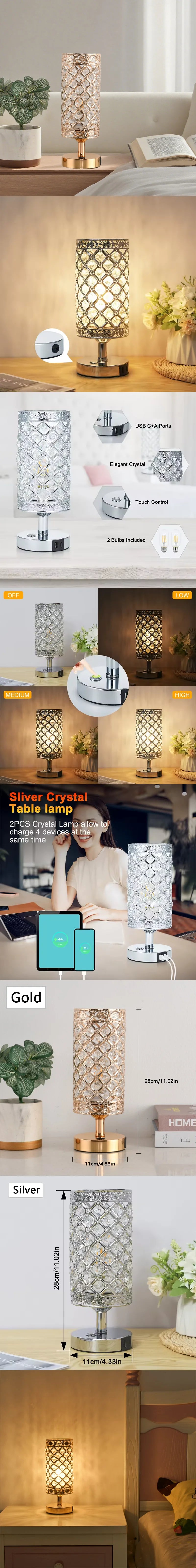 A modern crystal table lamp in silver and gold finishes, shown in various lighting conditions.
