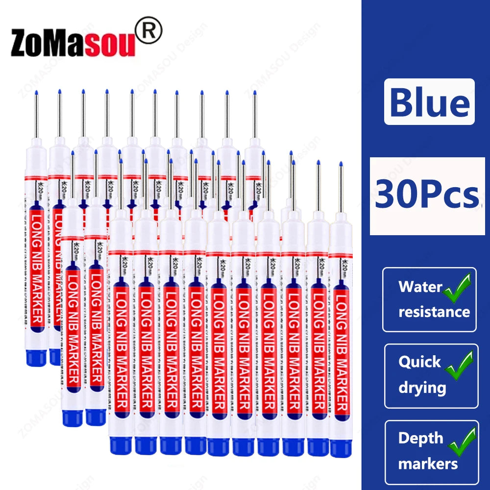 A set of blue long-head waterproof deep hole markers for woodworking and construction