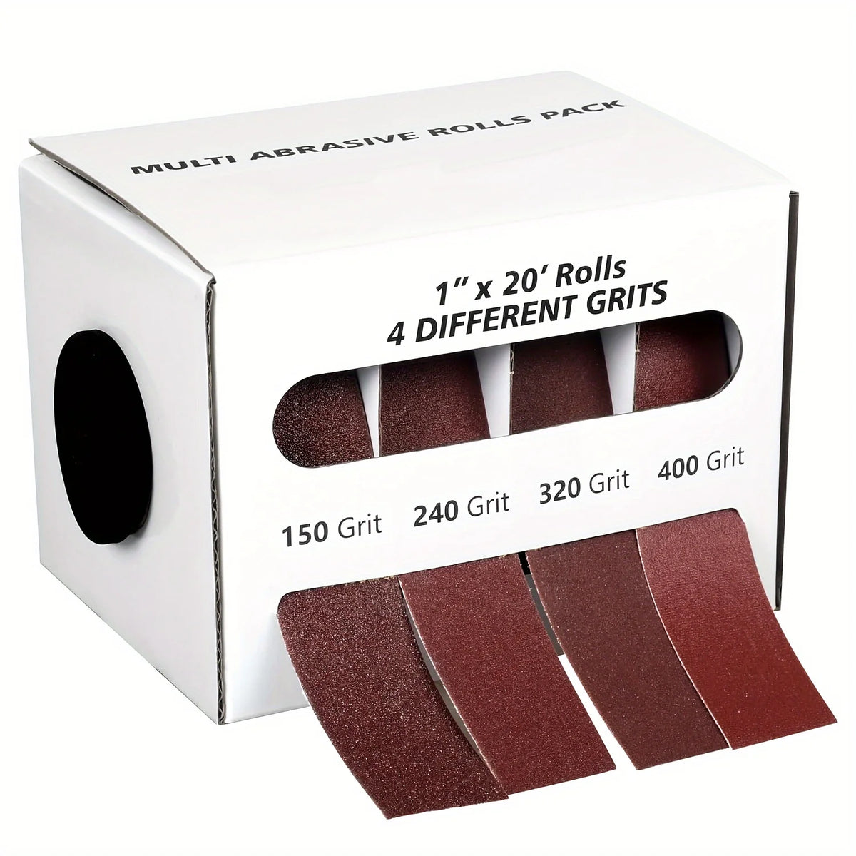 A box of multi abrasive rolls containing four different grits of sandpaper, including 150 Grit, 240 Grit, 320 Grit, and 400 G
