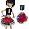 A fashion doll wearing a black and white striped skirt and top with a red ruffled collar and a black strap accessory.