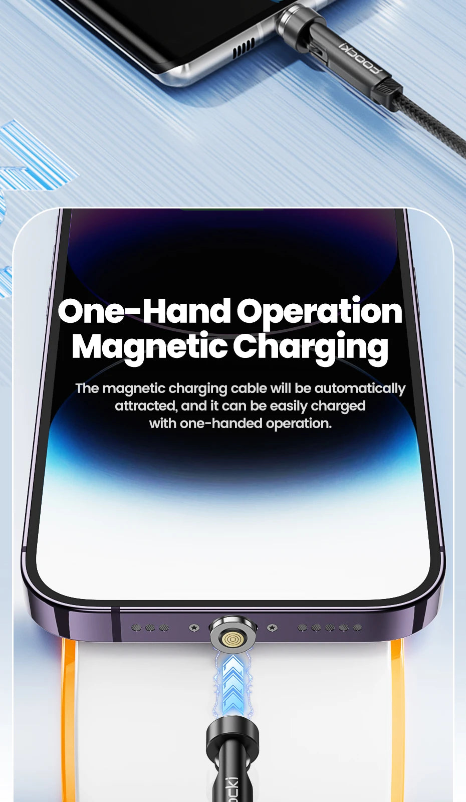 A close-up of a magnetic charging cable connecting to an iPhone, demonstrating one-hand operation for fast charging.