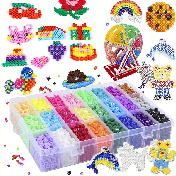A collection of colorful fuse beads and crafting components for DIY projects, including beads, shapes, and tools.