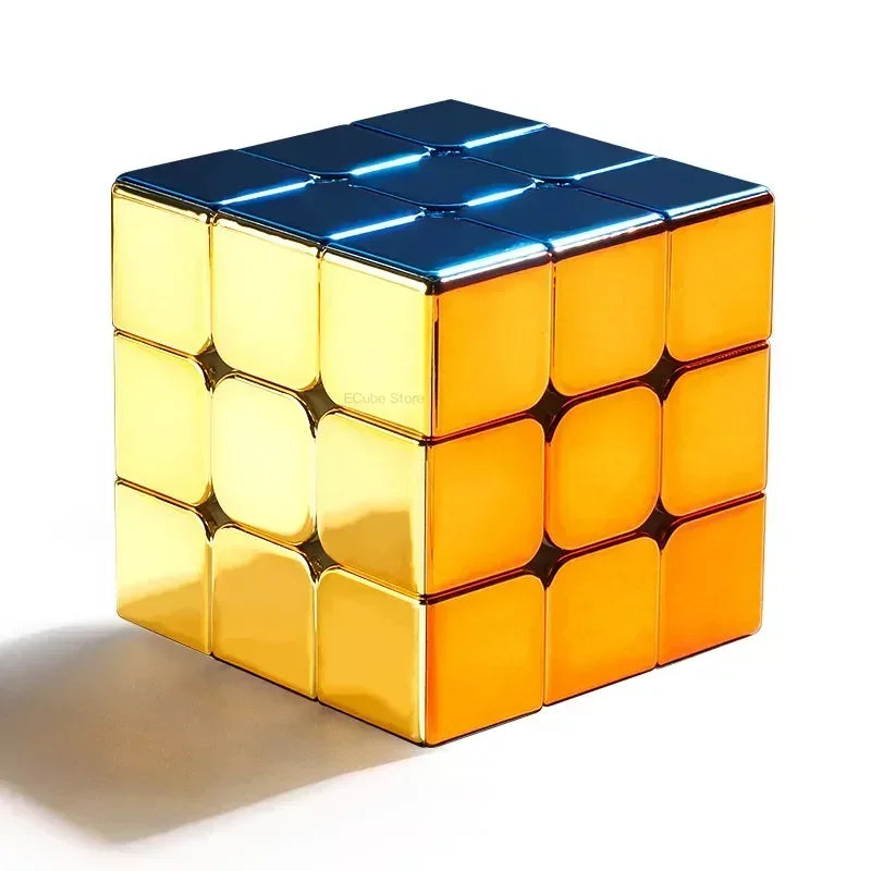 A glossy gold and blue electroplated 3x3 magnetic speed cube with a mirror finish.