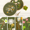 A set of floral cross stitch embroidery designs on fabric, including a circular piece and various plant motifs.