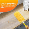 A yellow disposable duster refill is shown cleaning dust from a wooden surface.